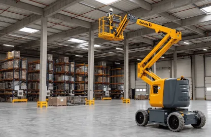 Plataforma elevatória articulada elétrica Haulotte HA12IP em operação de elevação de operador em galpão industrial.