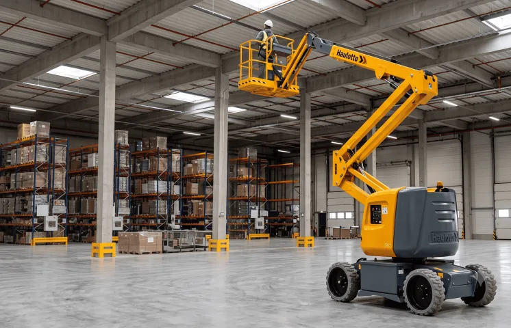 Plataforma elevatória articulada elétrica Haulotte HA12IP em operação de elevação de operador em galpão industrial.