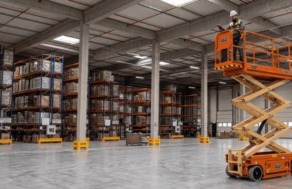 Plataforma para trabalho em altura tipo tesoura elétrica JLG ES4046 de 12 metros nas cores laranja e preta.