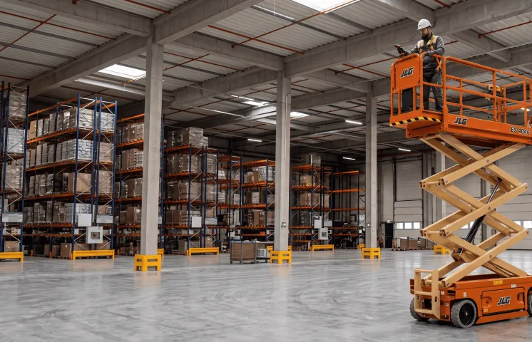 Plataforma para trabalho em altura tipo tesoura elétrica JLG ES4046 de 12 metros nas cores laranja e preta.