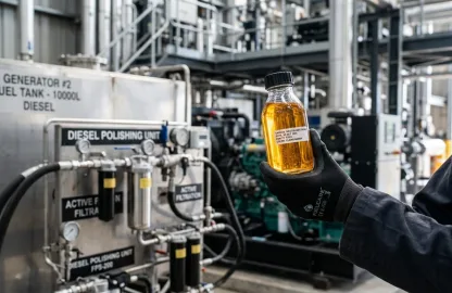 Técnico segurando frasco com óleo diesel limpo e cristalino após processo de limpeza de tanques de geradores e revitalização de combustível.
