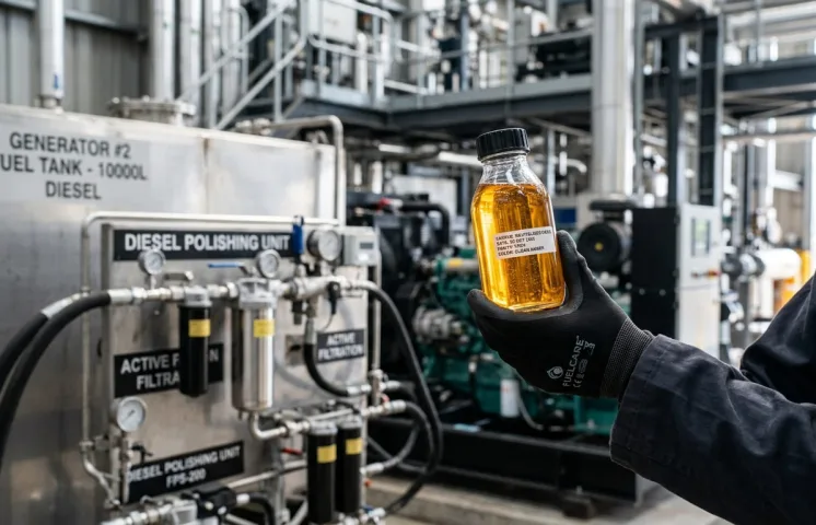 Técnico segurando frasco com óleo diesel limpo e cristalino após processo de limpeza de tanques de geradores e revitalização de combustível.