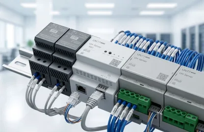Painel de controle microprocessado com fiação identificada em trilho DIN instalado durante o retrofit de geradores.